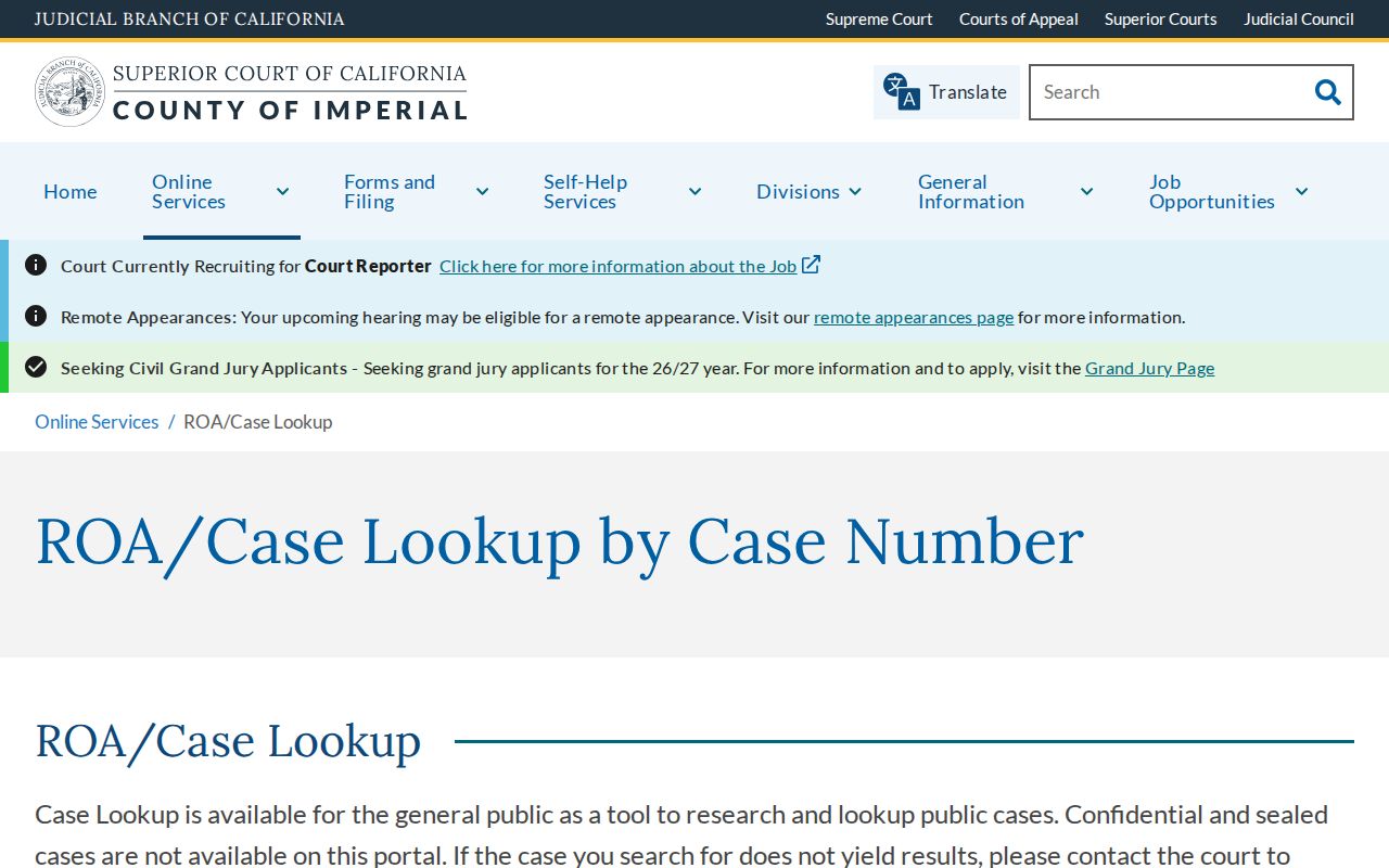 Imperial people search through Superior Court ROA case lookup