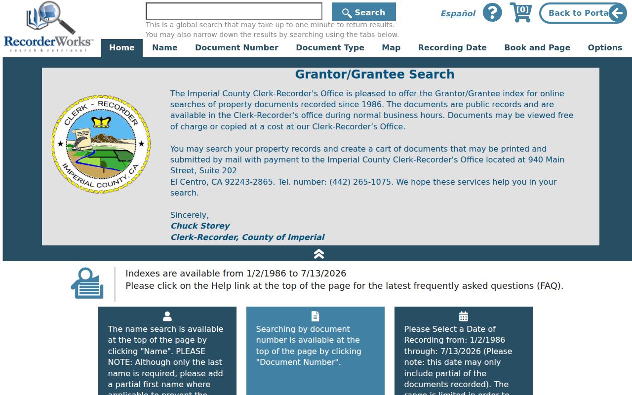 Imperial people search in RecorderWorks grantor and grantee records