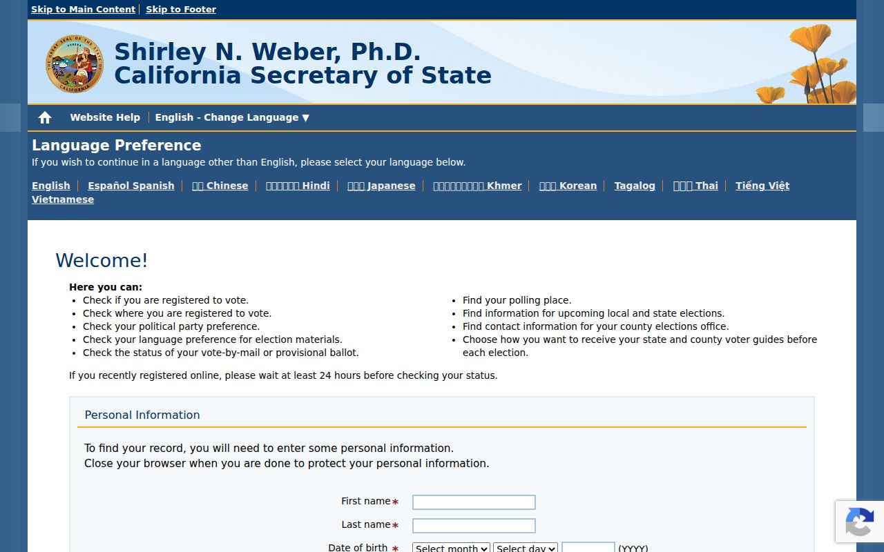 Imperial voter registration records lookup on California My Voter Status