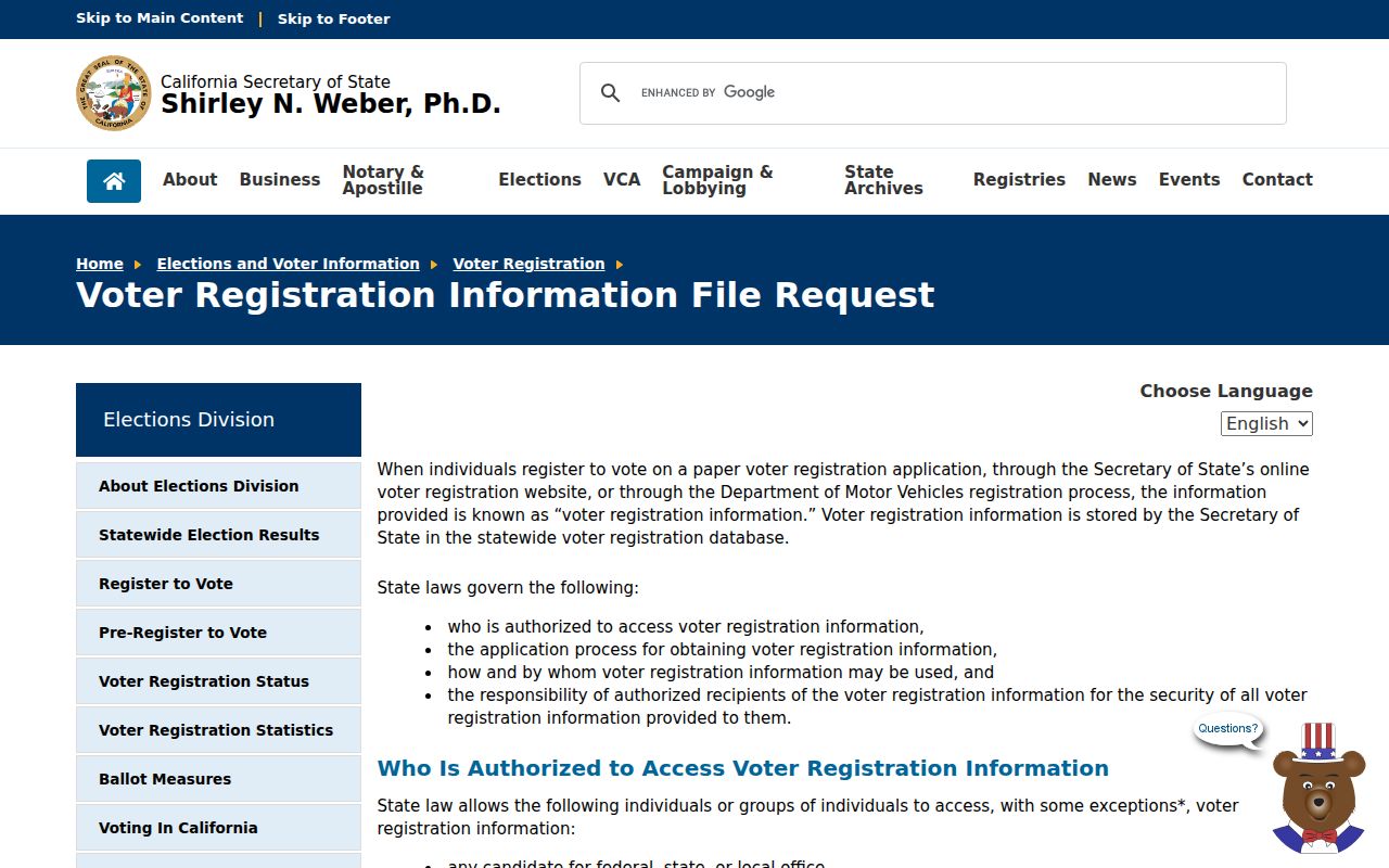Imperial voter registration records within California voter file request page